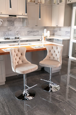 English Elm A&A Velvet Swivel Barstools with Adjustable 25–33" Height, Tufted Upholstery, Chrome Base Comfort khaki W114351405