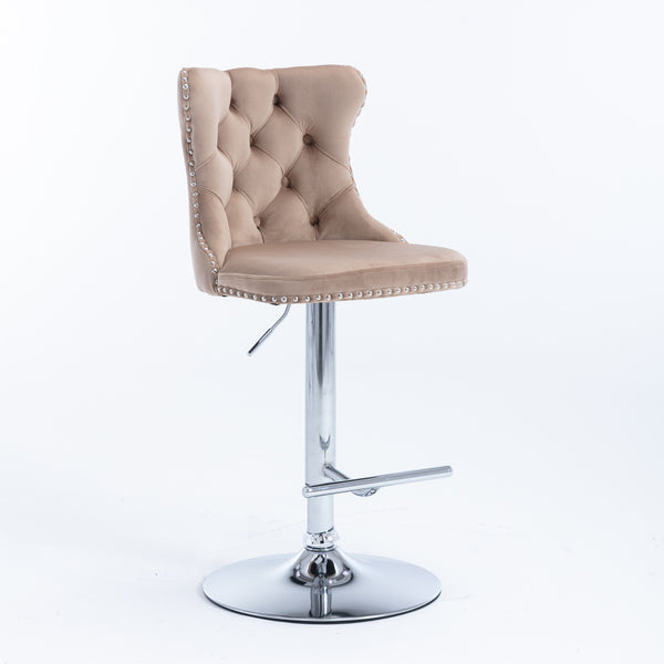 English Elm A&A Velvet Swivel Barstools with Adjustable 25–33" Height, Tufted Upholstery, Chrome Base Comfort khaki W114351405