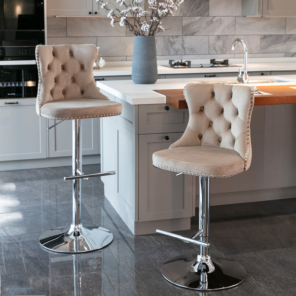 English Elm A&A Velvet Swivel Barstools with Adjustable 25–33" Height, Tufted Upholstery, Chrome Base Comfort khaki W114351405