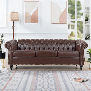 English Elm 84.65" Chesterfield Three Seater Sofa Pu Leather Tufted Rolled Arm Living Room Dark Brown W68035342