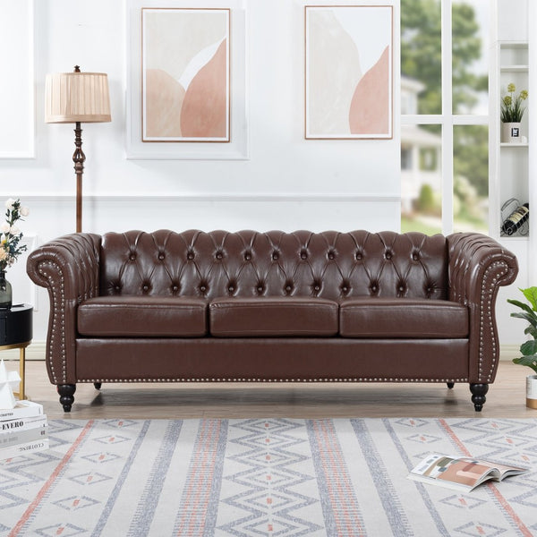 English Elm 84.65" Chesterfield Three Seater Sofa Pu Leather Tufted Rolled Arm Living Room Dark Brown W68035342