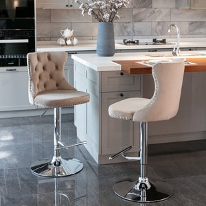 English Elm A&A Velvet Swivel Barstools with Adjustable 25–33" Height, Tufted Upholstery, Chrome Base Comfort khaki W114351405