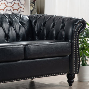 English Elm 84.65" Chesterfield Three Seater Sofa Pu Leather Tufted Rolled Arm Living Room Black W68035340