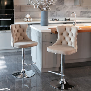 English Elm A&A Velvet Swivel Barstools with Adjustable 25–33" Height, Tufted Upholstery, Chrome Base Comfort khaki W114351405