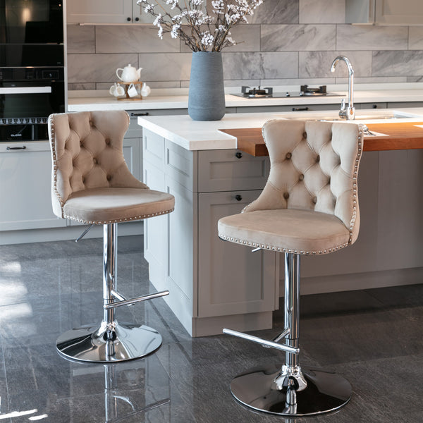 English Elm A&A Velvet Swivel Barstools with Adjustable 25–33" Height, Tufted Upholstery, Chrome Base Comfort khaki W114351405