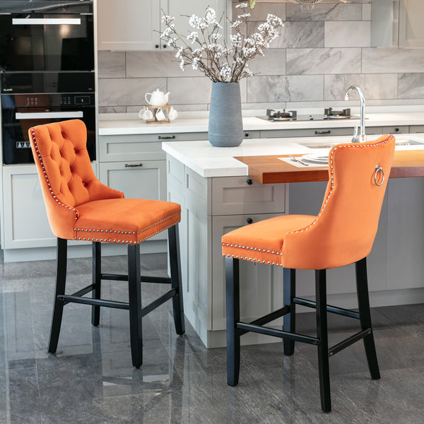 English Elm Contemporary Velvet Upholstered Barstool with Button Tufting, Solid Wood Frame, High-Rebound Foam Cushion and Chrome Nailhead Trim for Durable Comfort and Style Orange W1143P178194