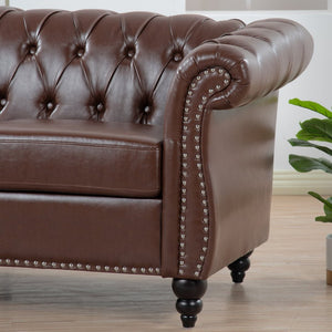 English Elm 84.65" Chesterfield Three Seater Sofa Pu Leather Tufted Rolled Arm Living Room Dark Brown W68035342