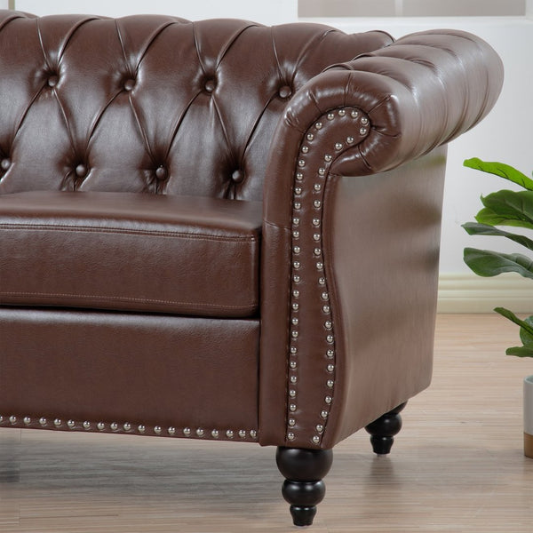 English Elm 84.65" Chesterfield Three Seater Sofa Pu Leather Tufted Rolled Arm Living Room Dark Brown W68035342
