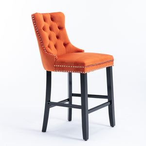 English Elm Contemporary Velvet Upholstered Barstool with Button Tufting, Solid Wood Frame, High-Rebound Foam Cushion and Chrome Nailhead Trim for Durable Comfort and Style Orange W1143P178194