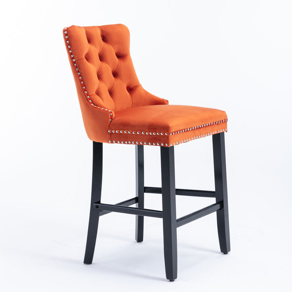 English Elm Contemporary Velvet Upholstered Barstool with Button Tufting, Solid Wood Frame, High-Rebound Foam Cushion and Chrome Nailhead Trim for Durable Comfort and Style Orange W1143P178194