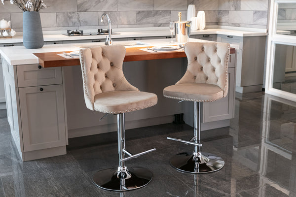 English Elm A&A Velvet Swivel Barstools with Adjustable 25–33" Height, Tufted Upholstery, Chrome Base Comfort khaki W114351405