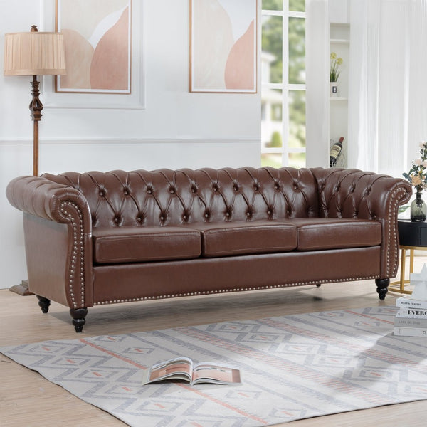 English Elm 84.65" Chesterfield Three Seater Sofa Pu Leather Tufted Rolled Arm Living Room Dark Brown W68035342
