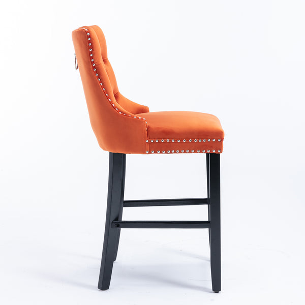 English Elm Contemporary Velvet Upholstered Barstool with Button Tufting, Solid Wood Frame, High-Rebound Foam Cushion and Chrome Nailhead Trim for Durable Comfort and Style Orange W1143P178194