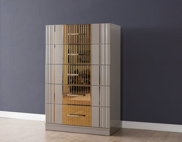 English Elm Lorenzo Gold Detailed 5 Drawer Chest In Gray - Modern Wood Storage With Bronze Accents & Style B00957542