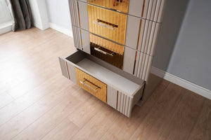 English Elm Lorenzo Gold Detailed 5 Drawer Chest In Gray - Modern Wood Storage With Bronze Accents & Style B00957542