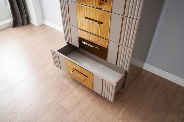 English Elm Lorenzo Gold Detailed 5 Drawer Chest In Gray - Modern Wood Storage With Bronze Accents & Style B00957542