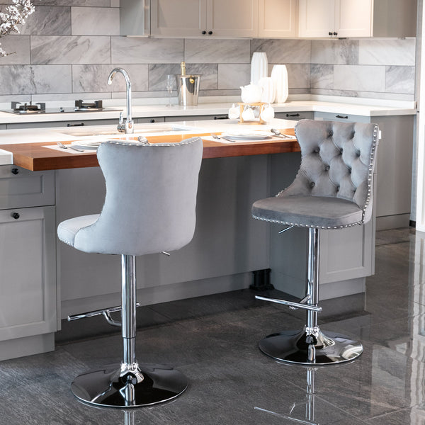 English Elm A&A Velvet Swivel Barstools with Adjustable 25–33" Height, Tufted Upholstery, Chrome Base Comfort Gray W114351407