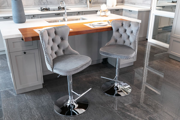 English Elm A&A Velvet Swivel Barstools with Adjustable 25–33" Height, Tufted Upholstery, Chrome Base Comfort Gray W114351407