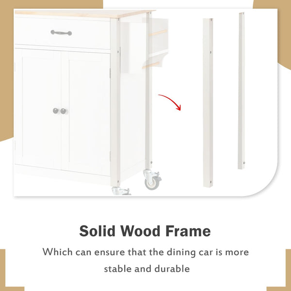 English Elm Kitchen Island Cart Solid Wood Top Farmhouse Style with Locking Casters and Spice Rack White WF286911AAW