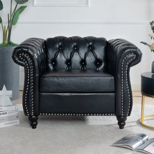 English Elm 1 Seater Pu Leather Tufted Accent Sofa with Birch Legs for Any Living Space Black W680P405343