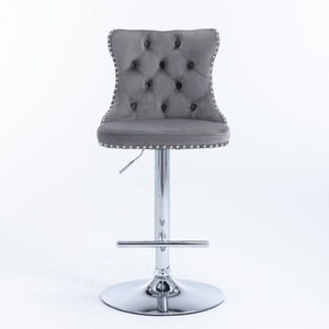 English Elm A&A Velvet Swivel Barstools with Adjustable 25–33" Height, Tufted Upholstery, Chrome Base Comfort Gray W114351407