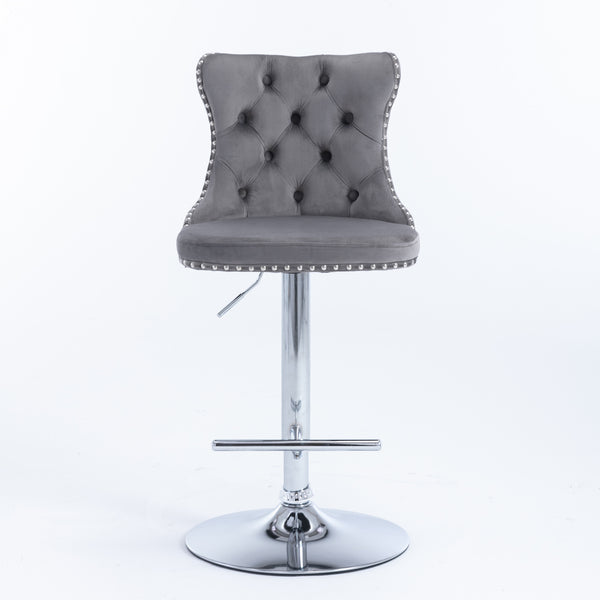 English Elm A&A Velvet Swivel Barstools with Adjustable 25–33" Height, Tufted Upholstery, Chrome Base Comfort Gray W114351407