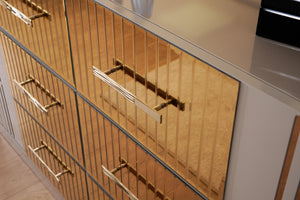 English Elm Lorenzo 6-Drawer Dresser in Gray with Bronze Mirror Accents, River Sand Metal Handles, 64"W x38"H G150109236