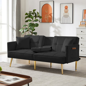 English Elm Black Velvet Futon Sofa Bed with Gold Legs, Convertible Velvet Recliner with Cup Holders, Pockets, Pillows and Sinuous Spring Comfort W58849089