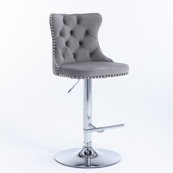 English Elm A&A Velvet Swivel Barstools with Adjustable 25–33" Height, Tufted Upholstery, Chrome Base Comfort Gray W114351407