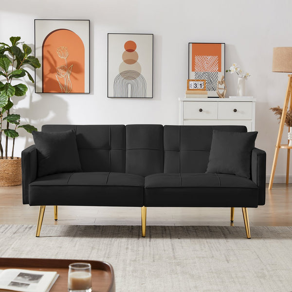 English Elm Black Velvet Futon Sofa Bed with Gold Legs, Convertible Velvet Recliner with Cup Holders, Pockets, Pillows and Sinuous Spring Comfort W58849089