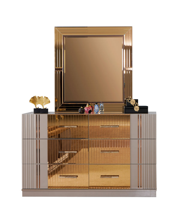 English Elm Lorenzo King 4-Piece Bedroom Set: Luxe Gray Upholstery, Gold Accents, Modern Design & Ample Storage B009S01884