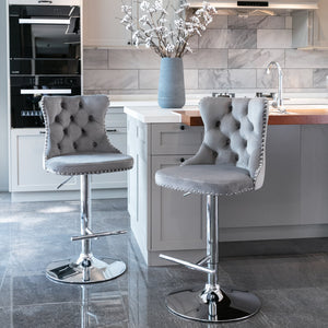 English Elm Swivel Velvet Barstools with Tufted Back and Waist Support, Adjustable 25–33" Height, Chrome Base Gray W1143P309419
