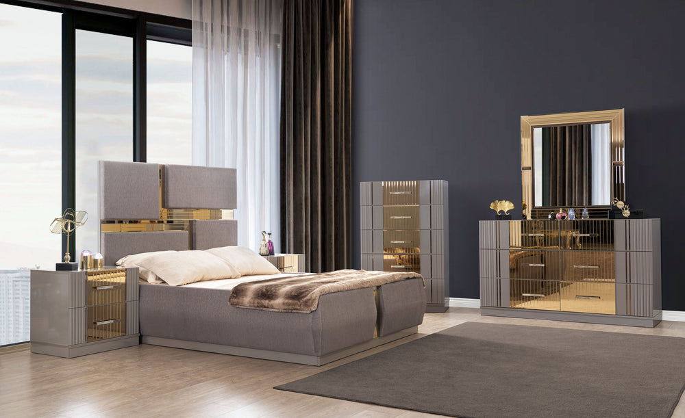 English Elm Lorenzo King 5-Piece Upholstery Bedroom Set With Tufted Design & Bronze Accents In Metallic Sand Gray B009S01885