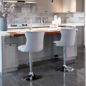 English Elm A&A Velvet Swivel Barstools with Adjustable 25–33" Height, Tufted Upholstery, Chrome Base Comfort Gray W114351407