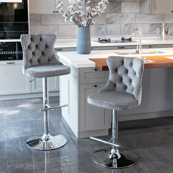 English Elm A&A Velvet Swivel Barstools with Adjustable 25–33" Height, Tufted Upholstery, Chrome Base Comfort Gray W114351407