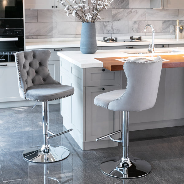 English Elm A&A Velvet Swivel Barstools with Adjustable 25–33" Height, Tufted Upholstery, Chrome Base Comfort Gray W114351407