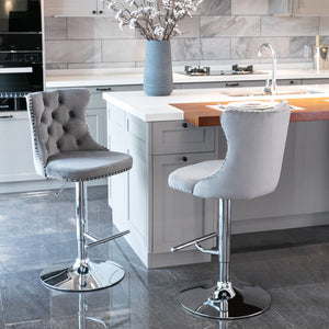 English Elm Swivel Velvet Tufted Barstool with Hand-Pulled Buttons, Adjustable 25–33" Height, Chrome Base Durable Gray W1143P309419