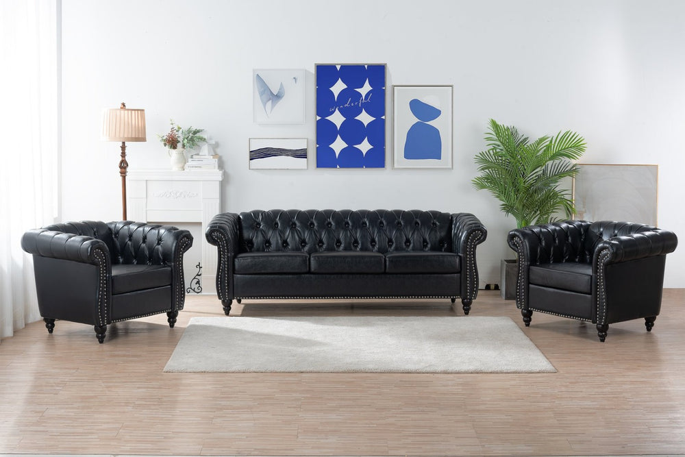 English Elm 3 Piece Pu Leather Living Room Set with Stud Trim and Pocket Spring Cushions W680S00001