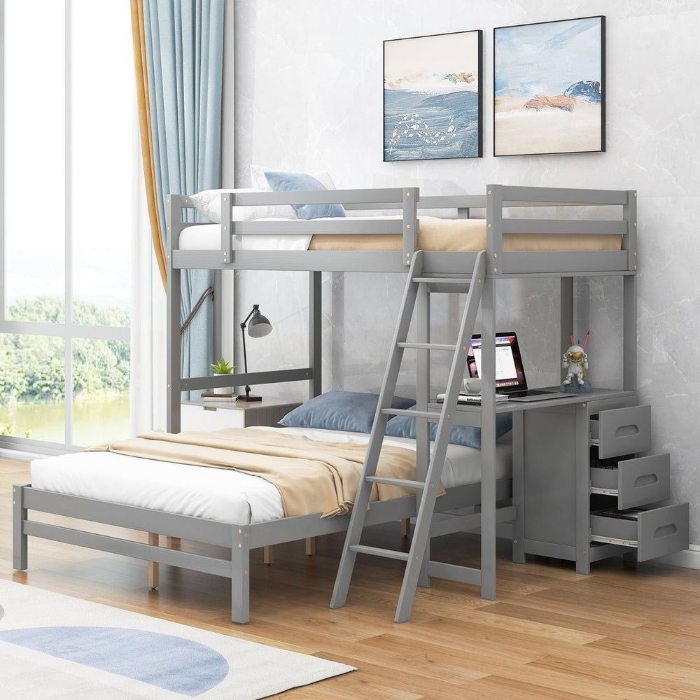 English Elm Twin Twin over Full Bunk Bed with Built-In Desk, Three Drawers, Solid Pine Frame and Convertible Splitability Grey GX000709AAE
