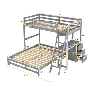 English Elm Twin Twin over Full Bunk Bed with Built-In Desk, Three Drawers, Solid Pine Frame and Convertible Splitability Grey GX000709AAE