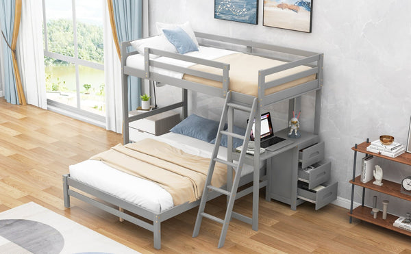 English Elm Twin Twin over Full Bunk Bed with Built-In Desk, Three Drawers, Solid Pine Frame and Convertible Splitability Grey GX000709AAE