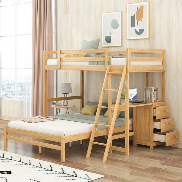 English Elm Twin Twin over Full Bunk Bed with Built-In Desk, Three Drawers, Solid Pine Frame and Convertible Splitability Natural GX000709AAD