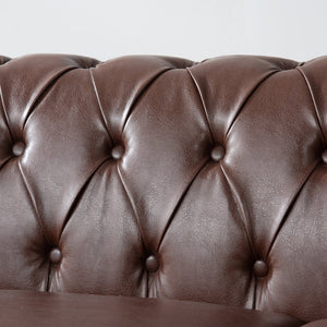 English Elm 83.66 Inch Pu Leather Three Seat Sofa with Silver Stud Trim and Birch Legs Dark Brown W68042995