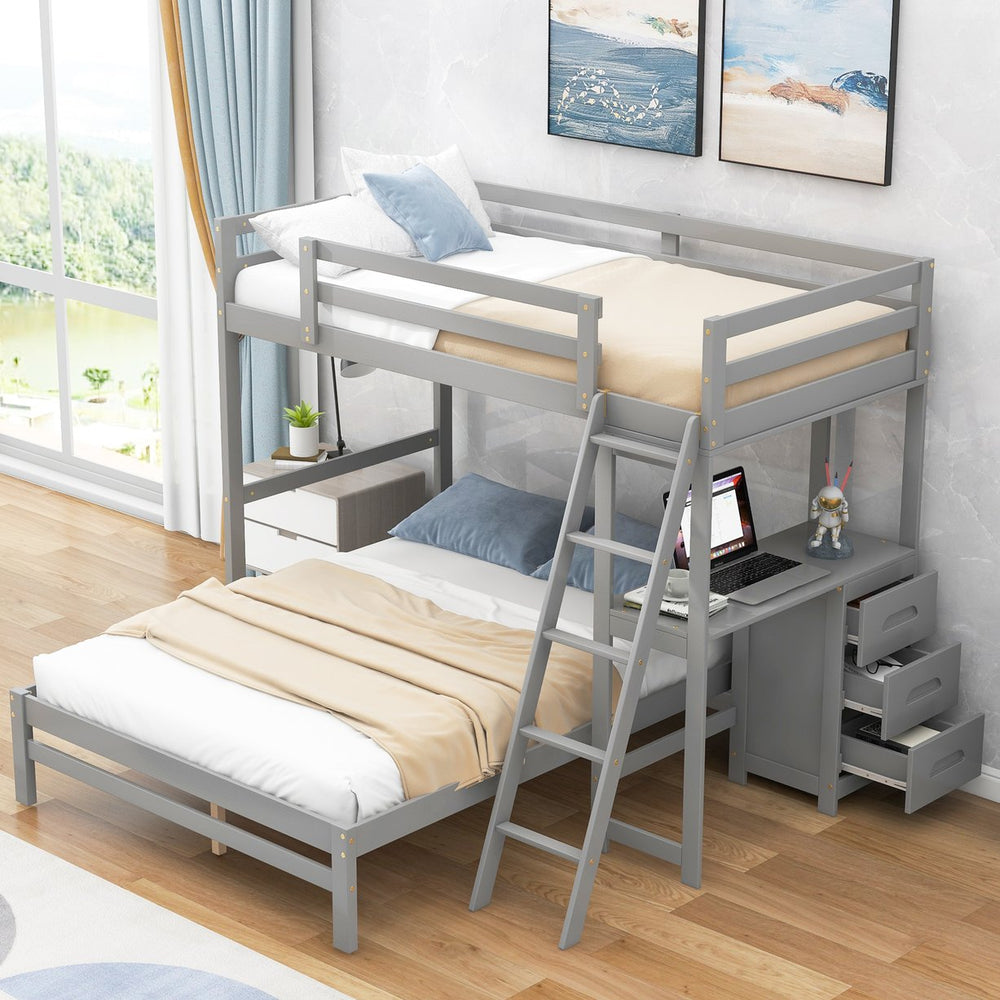 English Elm Twin Twin over Full Bunk Bed with Built-In Desk, Three Drawers, Solid Pine Frame and Convertible Splitability Grey GX000709AAE