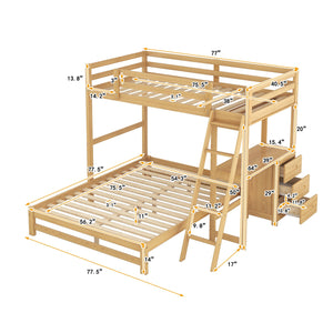 English Elm Twin Twin over Full Bunk Bed with Built-In Desk, Three Drawers, Solid Pine Frame and Convertible Splitability Natural GX000709AAD