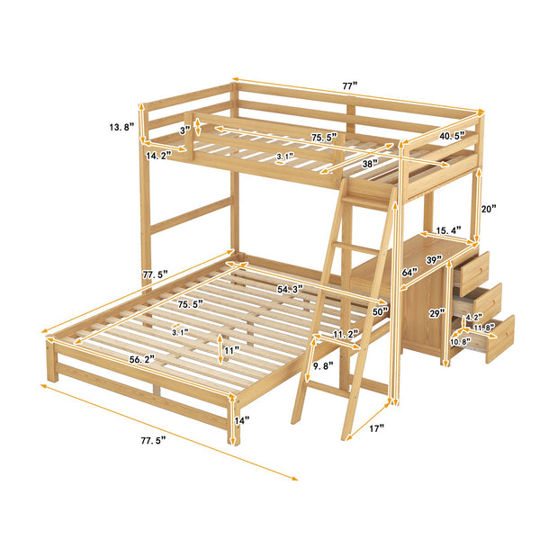 English Elm Twin Twin over Full Bunk Bed with Built-In Desk, Three Drawers, Solid Pine Frame and Convertible Splitability Natural GX000709AAD