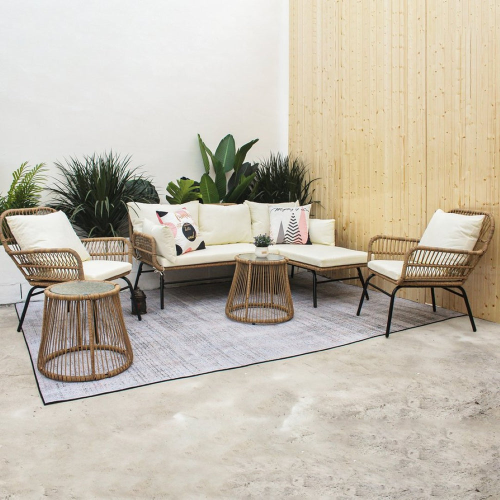 English Elm 6pcs Outdoor Wicker Patio Set with Chaise Lounge Beige Cushions and Glass Table W400S00015