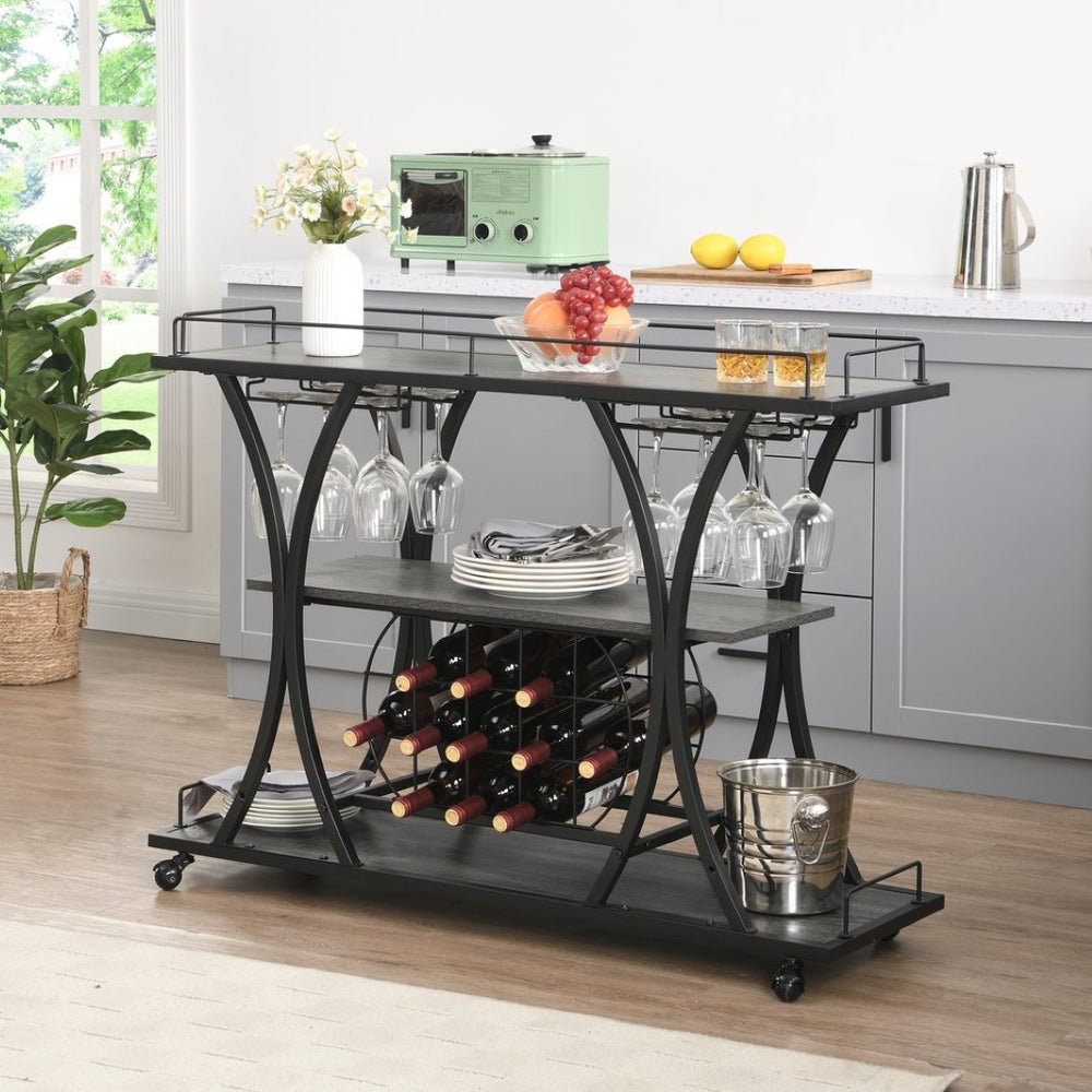 English Elm Industrial Metal Bar Cart with Rolling Casters Three Open Shelves for Home Entertaining W82151001
