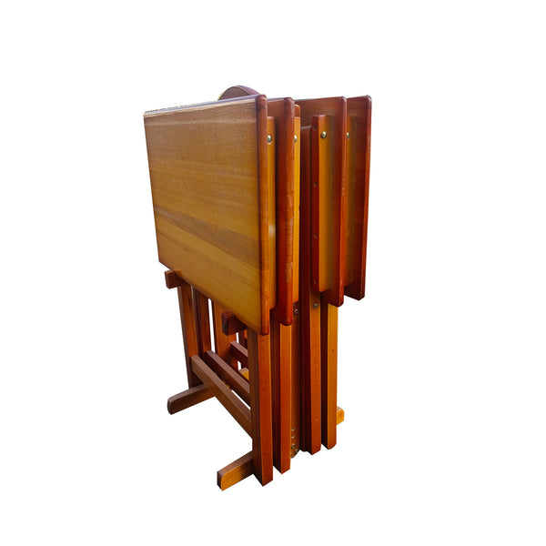 English Elm Folding Solid Wood Snack Trays Set of 4 with Storage Rack – Honey Finish, Durable TV & Laptop Tables W49539832
