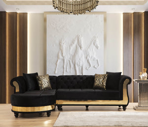 English Elm Gold Tufted Velvet L-Shaped Sectional Sofa with Quilted Seats, Gold Trim and Plush High-Density Cushions Black B009S00934